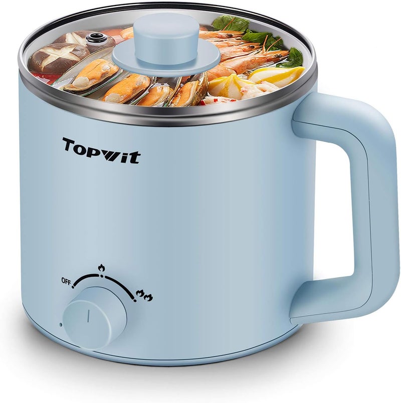 TopWit Hot Pot Electric, Electric Pot, 1.6L Ramen Cooker, Multifunctional Cooker for Pasta, Shabu-Shabu, Oatmeal, Soup and Egg with Over-Heating Protection, Boil Dry Protection, Blue - Image 1